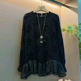 胖mm宽松遮肉显瘦大衫 欧货新款 女装 洋气提花蕾丝拼接上衣大码 时尚