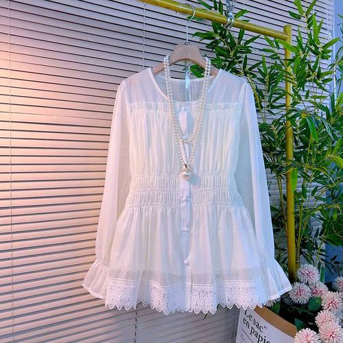 温柔风抽褶木耳边收腰显瘦雪纺衫