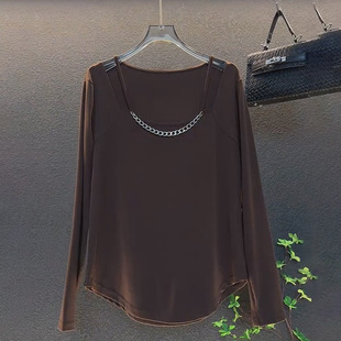 女装 洋气锁骨链条镂空女人衫 秋季 韩版 胖mm纯色打底上衣潮 时尚 大码