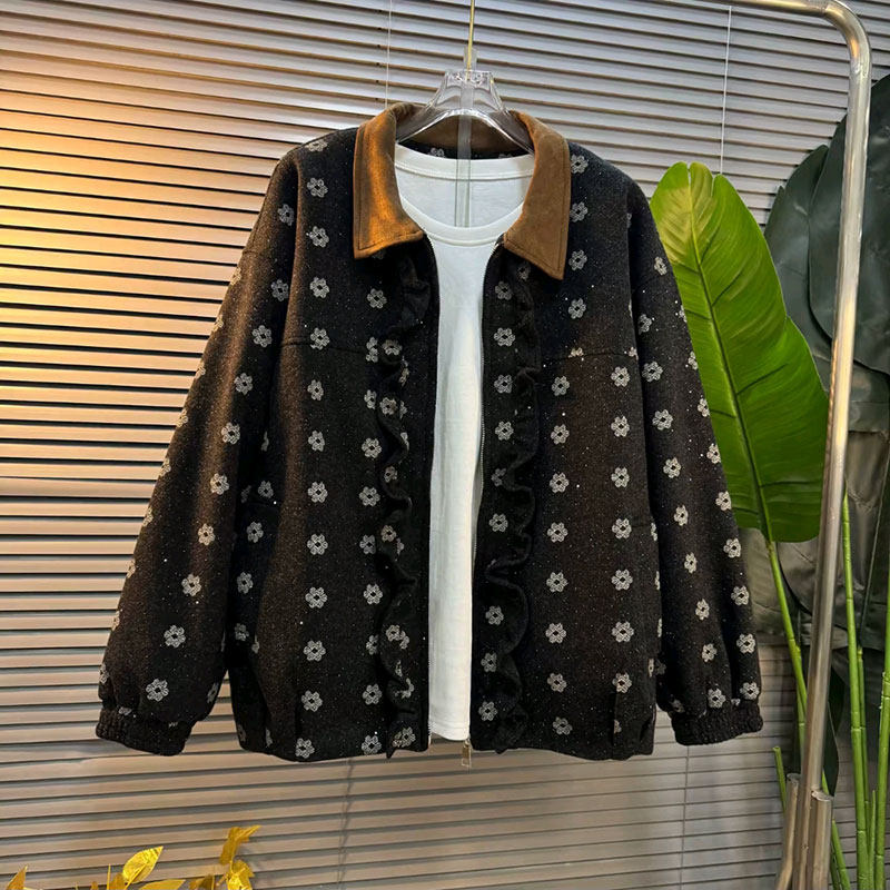 韩系拼接翻领毛呢小花长袖外套内衬大码女装上衣遮肉显瘦洋气春季,女装/女士精品,常规大码外套,淘宝优惠券,粉丝福利购,淘宝优惠卷
