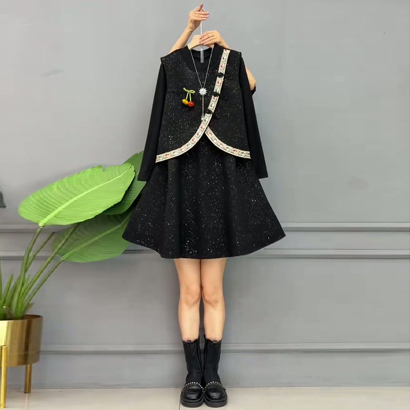 小香风大码女装复古马甲拼接裙子