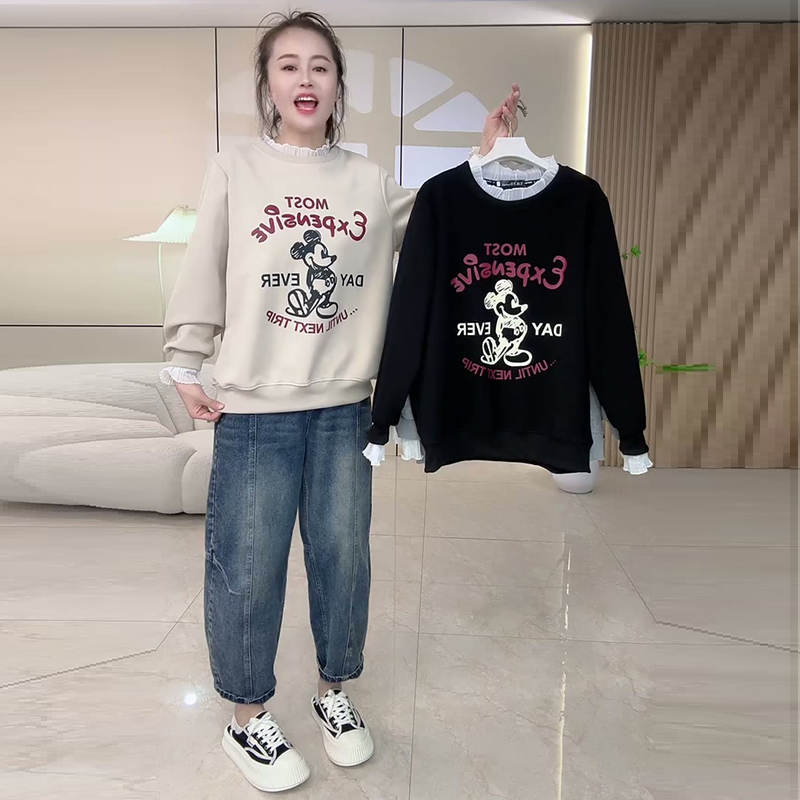 韩系大码女装蕾丝拼接米奇洋气卫衣秋季上新爆款显瘦卡通圆领上衣