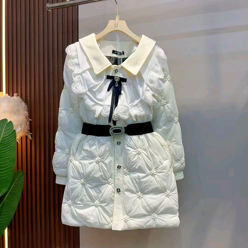 小香风娃娃领中长款洋气棉服外套