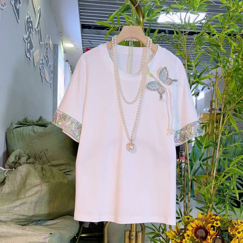 国风大码女装拼接蝴蝶流苏T恤