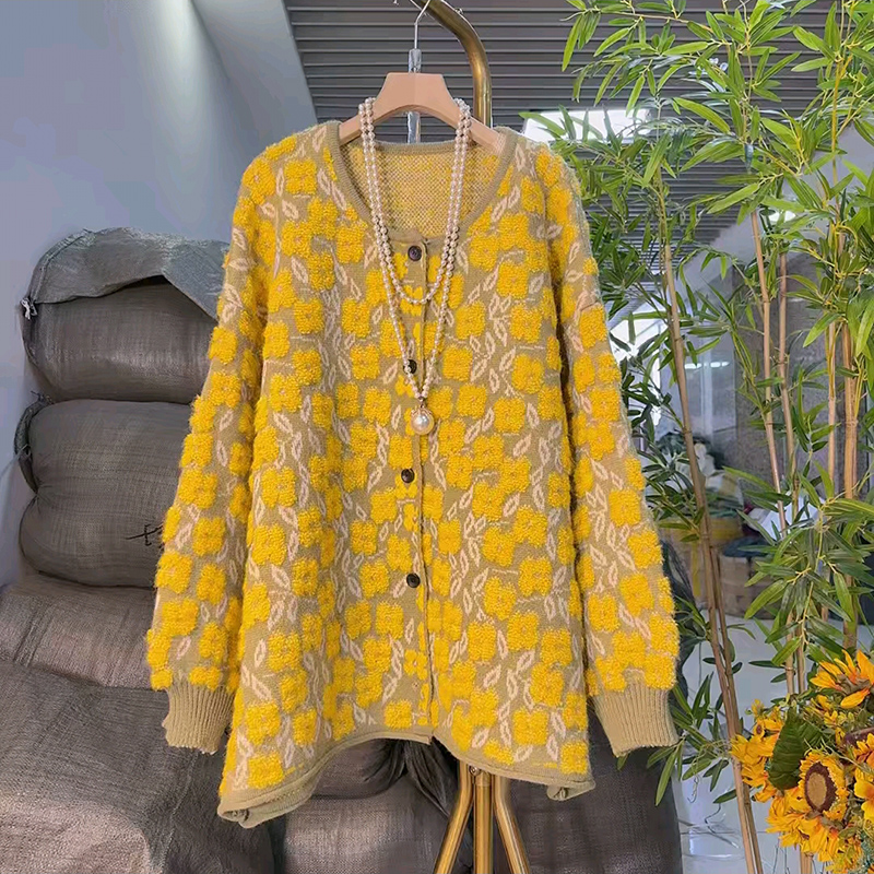 冬季大码女装花朵针织毛衣外套