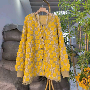 显瘦大码 纽扣开衫 女装 新款 外套 花朵针织毛衣胖MM减龄冬季 欧货时尚