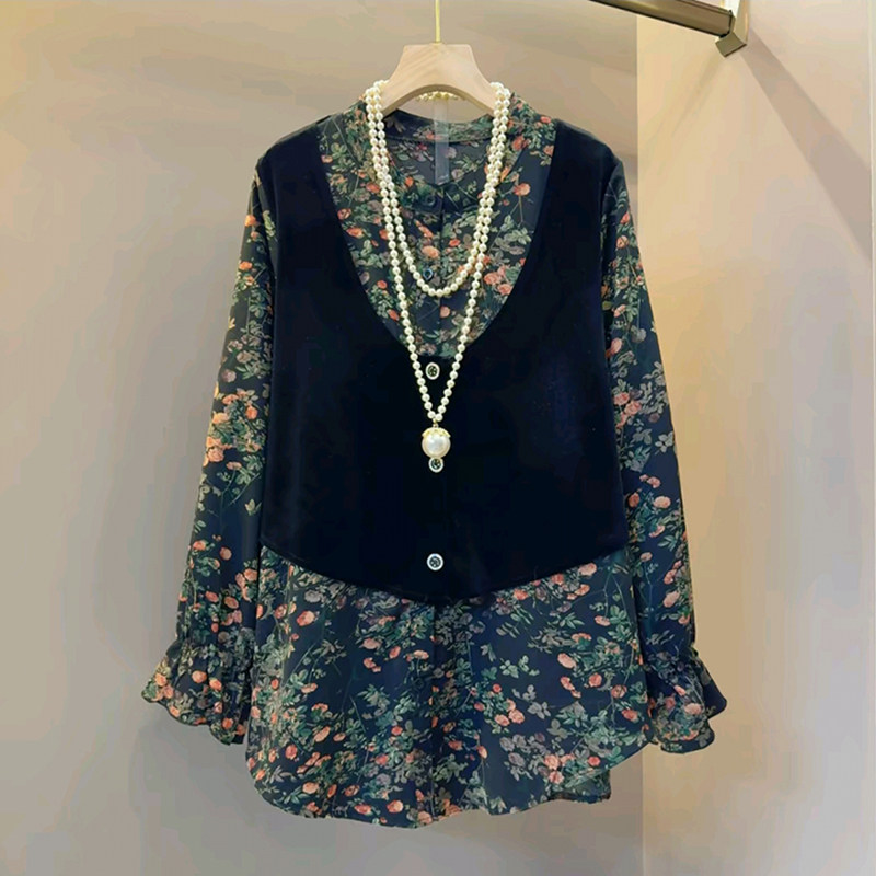 欧美风碎花后背蝴蝶结假两件小衫