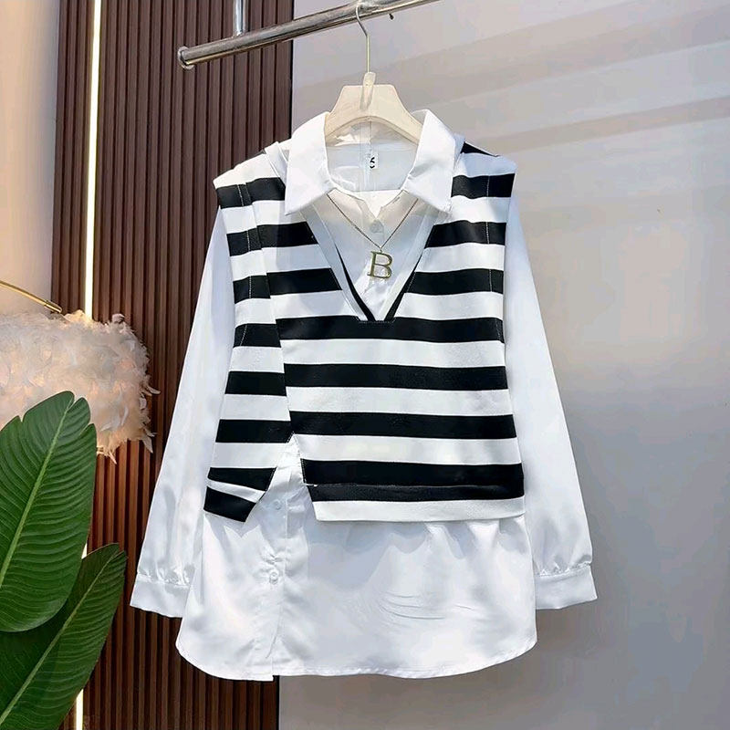气质遮肉条纹遮肉假两件衬衫大码女装潮流春季新款上衣百搭洋气潮,女装/女士精品,大码内搭,淘宝优惠券,粉丝福利购,淘宝优惠卷