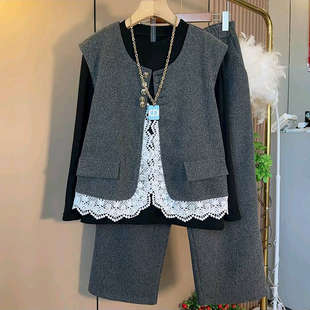 爆款 打底衫 大码 蕾丝拼接薄呢马甲休闲直筒裤 三件套潮 女装 2025秋季