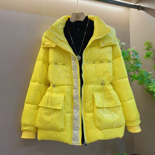 女装 冬季 收腰显瘦连帽棉服外套大码 钉珠亮钻时尚 胖mm 新款