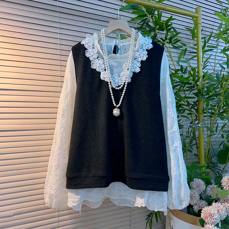 洋气蕾丝打底衬衫马甲两件套