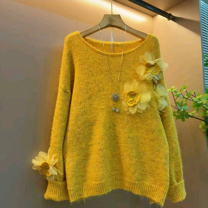 加肥大码女装韩版立体花朵针织衫