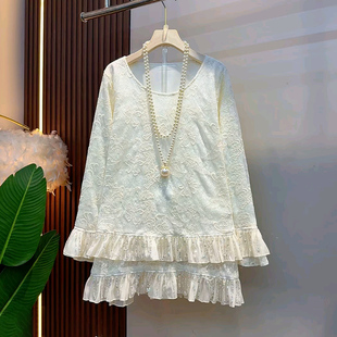 上衣胖MM显瘦荷叶边打底衫 蕾丝长袖 新款 流苏花瓣袖 大码 女人衫 女装