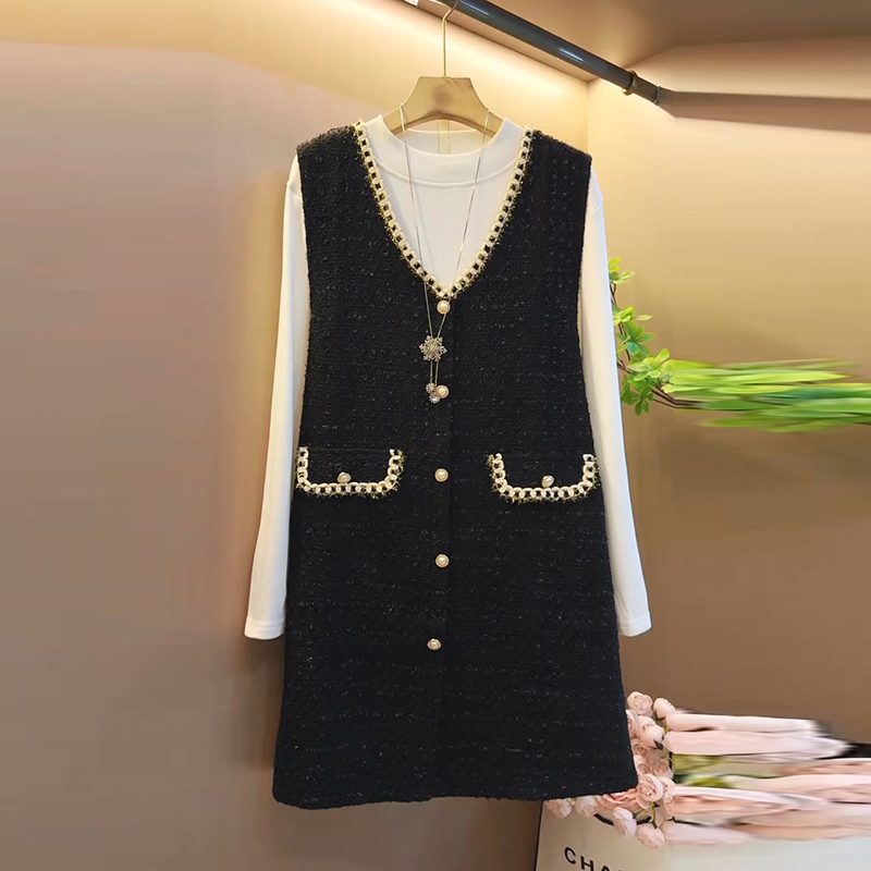 小香风磨毛打底衫马甲裙两件套爆