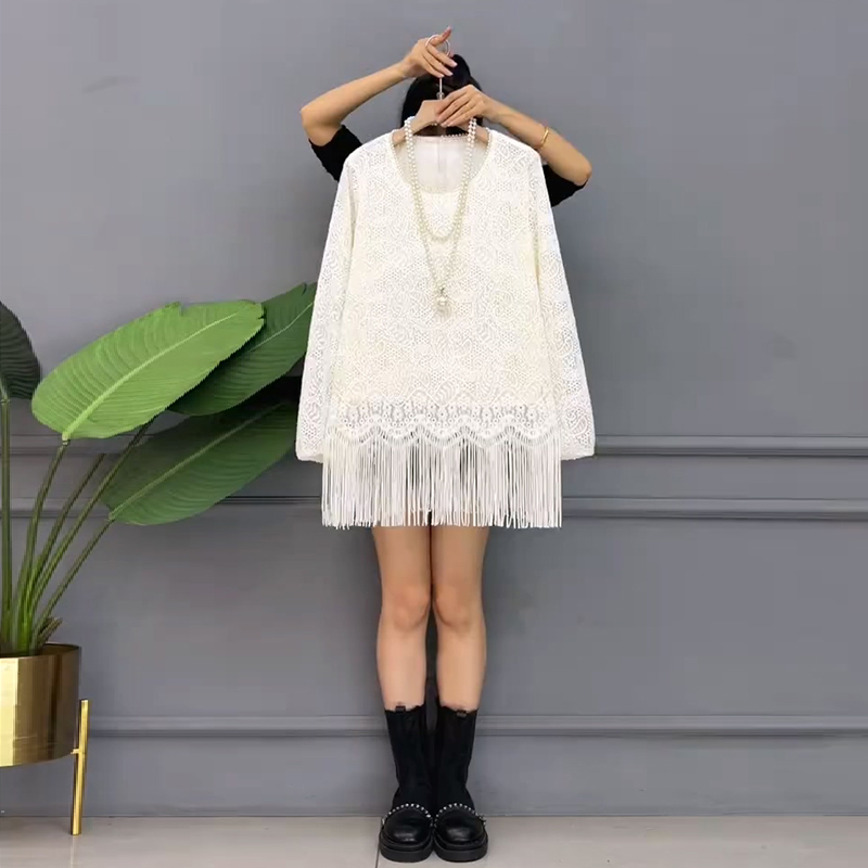 时尚洋气圆领钉珠流苏宽松上衣