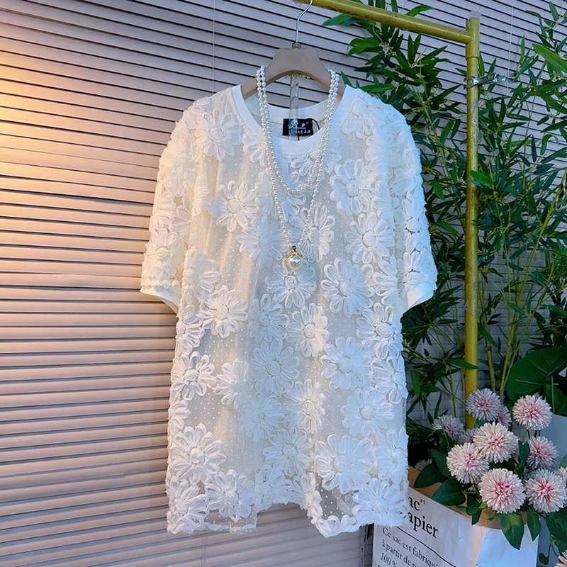 夏季圆领大码女装立体花朵T恤衫