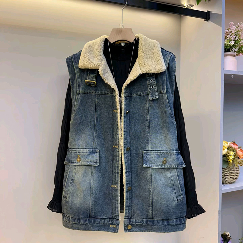 高级感加绒翻领牛仔设计马甲外套