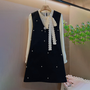 女装 重工钉珠马甲裙蝴蝶结打底套装 2024冬季 胖妹妹法式 新款 大码