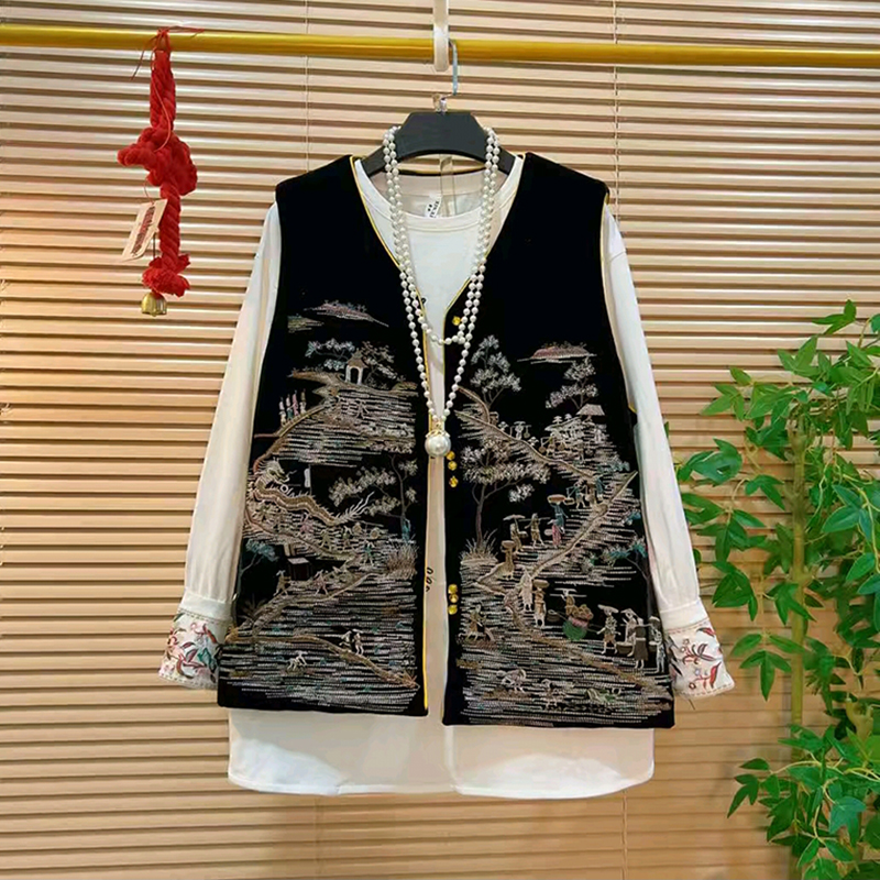 国潮刺绣显气质加棉马甲打底衫