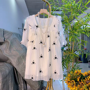 刺繡木耳花邊T恤上衣大碼 新款 時(shí)尚 女胖mm遮肉顯瘦清涼大衫 韓版 潮