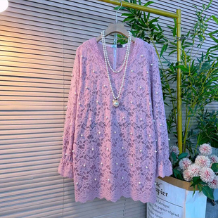 设计感洋气V领镂空蕾丝钉珠大衫 女装 新 上衣大码 欧货慵懒风中长款