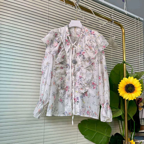 新款时尚甜美荷叶花边印花女人衫