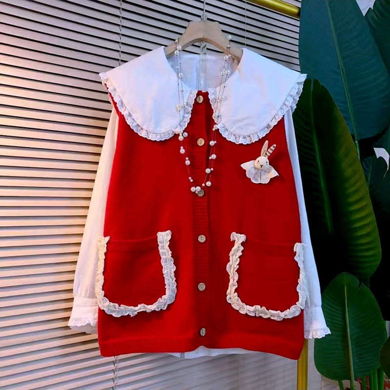 娃娃领衬衫木耳边针织马甲两件套