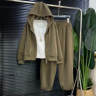 休闲拉链款 套装 连帽上衣外套卫裤 大码 潮 百搭两件套胖妹妹新款 韩版