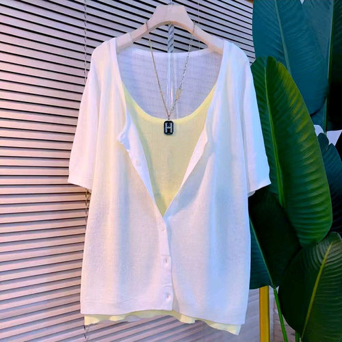 撞色拼接假两件短袖针织衫