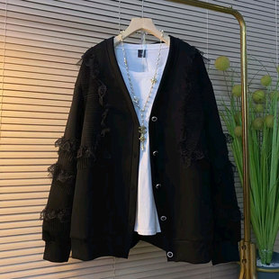 新款 时尚 大码 韩版 拼接蕾丝边宽松遮肉显瘦外套 女装 胖妹妹2025秋季