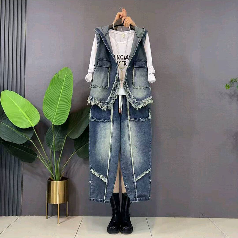 2026春季新款时尚毛边牛仔连帽马甲阔腿裤两件套大码女装打底衫女