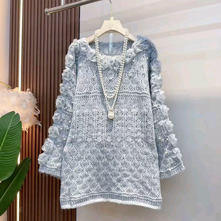 慵懒风软糯中长款 秋新款 女装 大码 毛衣 欧货重工钉珠立体花朵针织衫