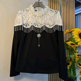 小衫 新款 串珠流苏拼接蕾丝长袖 女装 优雅百搭显瘦上衣潮 胖妹妹大码