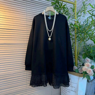 女装 时尚 上衣大码 设计感拼接蕾丝花边遮肉大衫 韩系纯色简约中长款