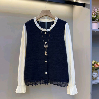 秋季大码女装针织拼接开衫上衣