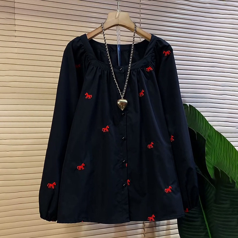 时尚法式方领插肩袖提花刺绣衬衫