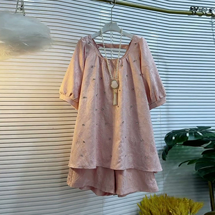 胖mm短裤 夏季 女装 休闲减龄重工钉钻宽松美背上衣大码 两件套潮 新款