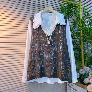 娃娃领衬衫 胖妹妹显瘦针织镂空马甲2026春季 女装 百搭彩扣大码 新款