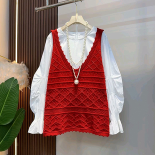 女装 大码 胖妹妹时尚 洋气百搭针织吊带马甲搭配花苞袖 冬季 衬衫 新款