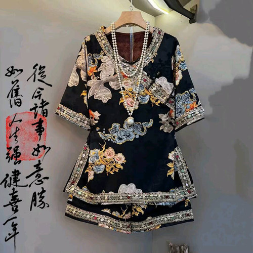 2025夏季新款新中式大码女装胖mm国风亮片短袖上衣短裤两件套装