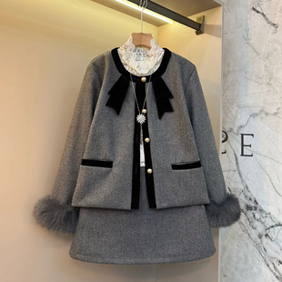 口上衣短裙套装 蝴蝶结外套两件套胖MM显瘦毛毛袖 潮 女装 小香风大码