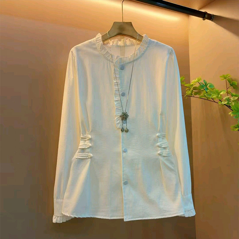 花边领收腰设计长袖上衣