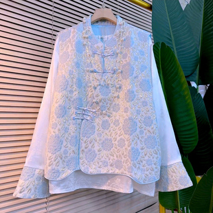 国风刺绣盘扣马甲打底衫 新中式 胖妹妹显瘦复古马夹两件套 女装 大码