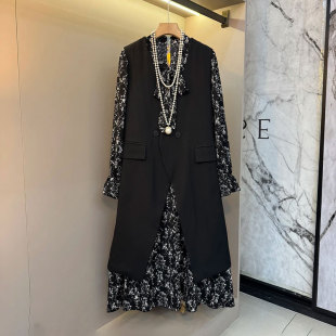 新款欧货气质时髦大码碎花连衣裙长款马甲套装女装宽松显瘦遮肉潮