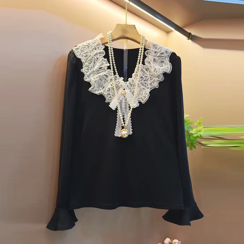 秋季新款韩版蕾丝花边拼接高级感小衫大码女装气质打底衫磨毛上衣