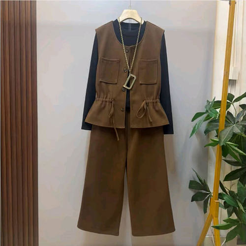 气质腰抽绳马甲打底衫裤子三件套