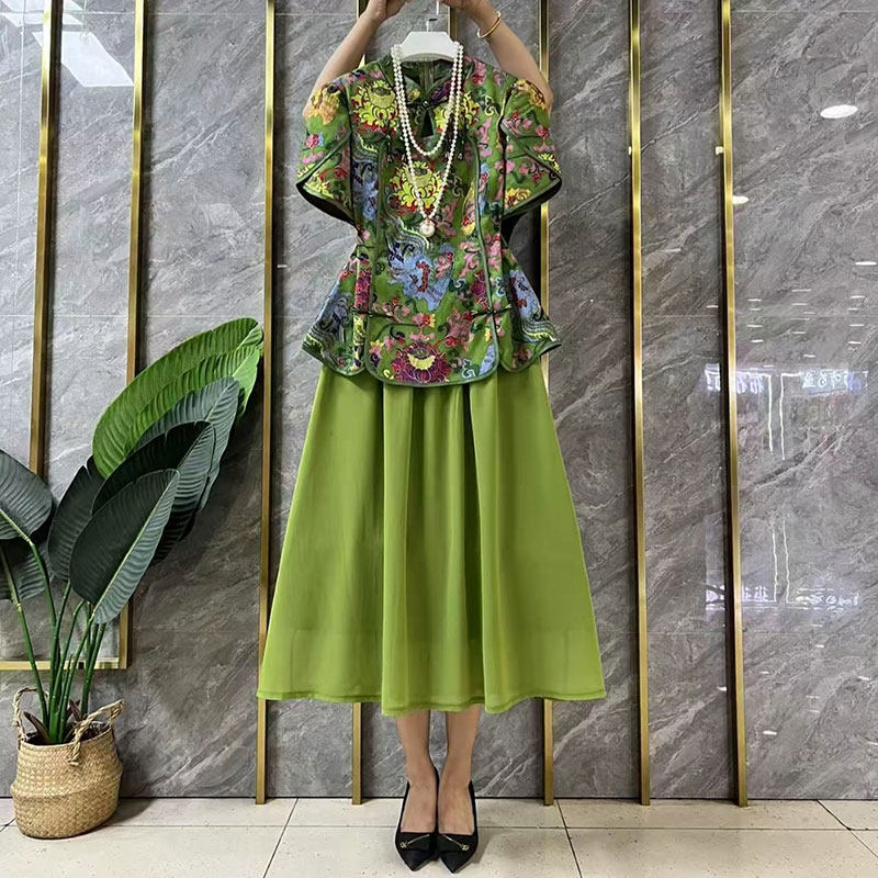 中式印花盘扣上衣半身纱裙两件套