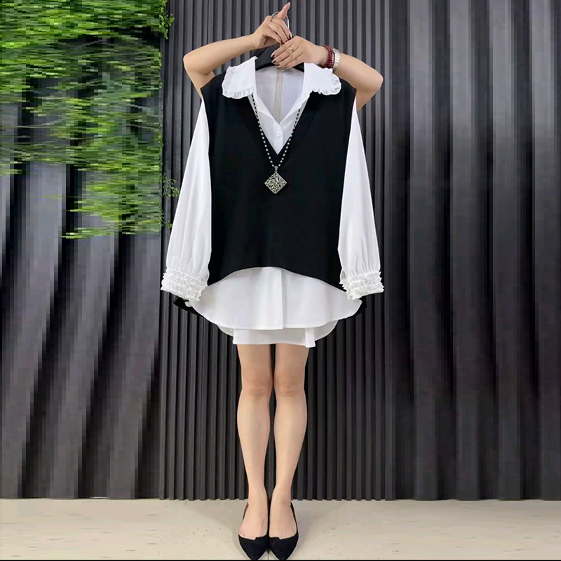 背心马甲大码女装翻领衬衫两件套