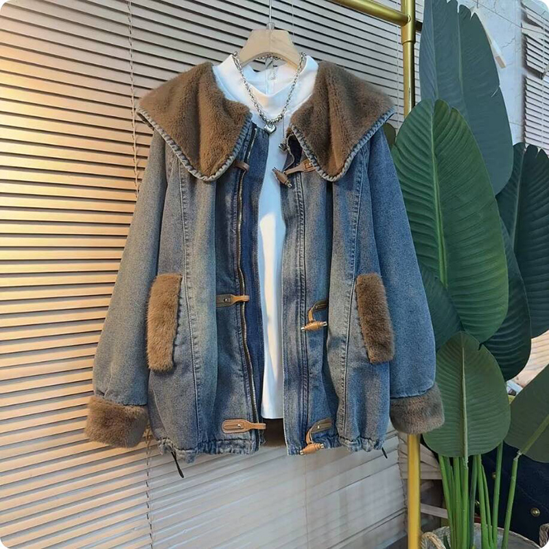 牛仔派克大衣欧貂毛内胆棉服外套