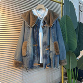 休闲时尚 牛仔派克大衣欧貂毛内胆棉服外套 女装 娃娃领秋冬新款 大码